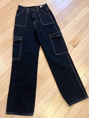 Black Cargo Pants Contrast Stitch Wide Leg High Waisted Streetwear Y2K